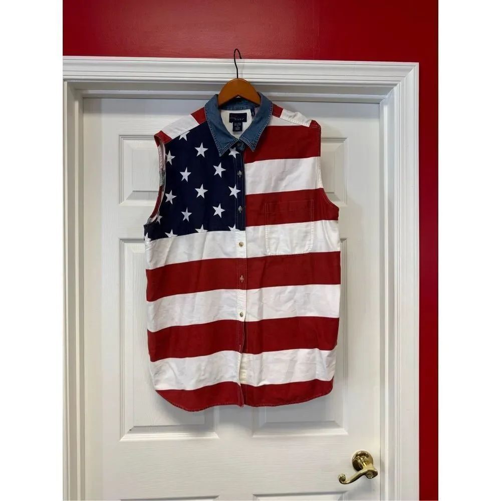 Vintage CST Blues American Flag Print Sleeveless Button Down Shirt sz 22